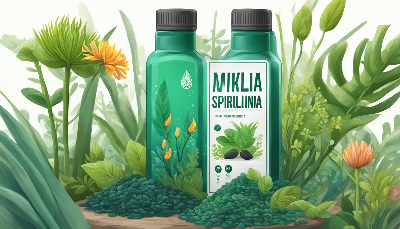 A vibrant spirulina supplement bottle surrounded by wilted and unhealthy plants, with a warning sign in the background