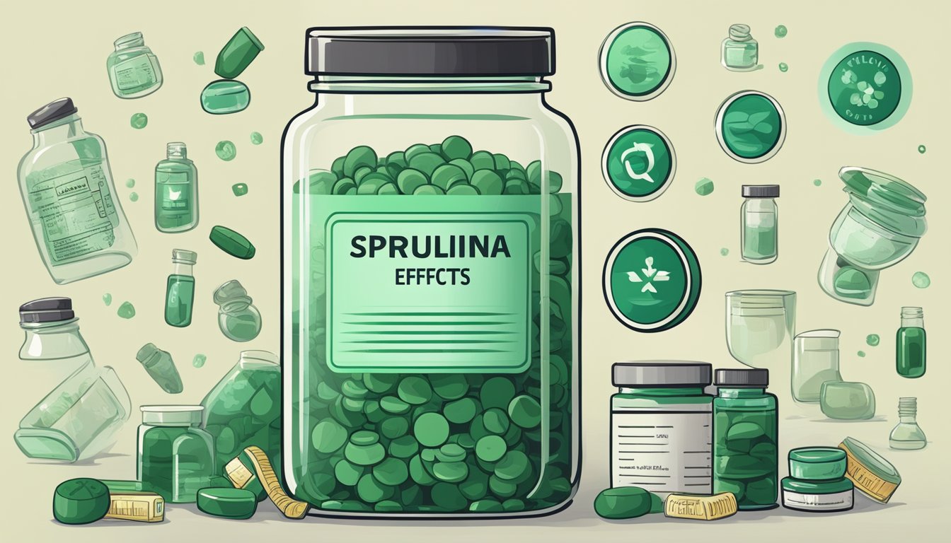 A jar of spirulina supplements surrounded by warning signs and symbols of health risks and side effects