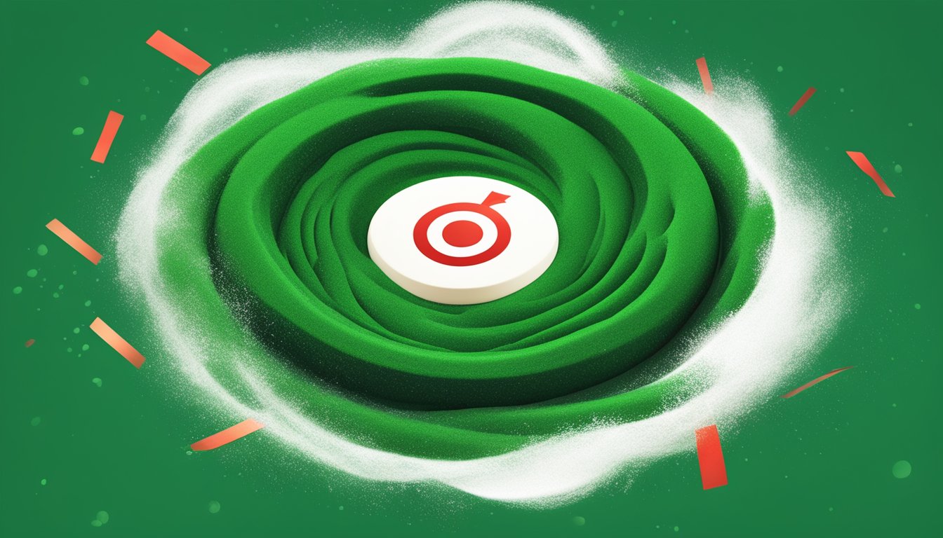 A swirling vortex of dark green spirulina powder surrounded by warning signs and red "X" marks