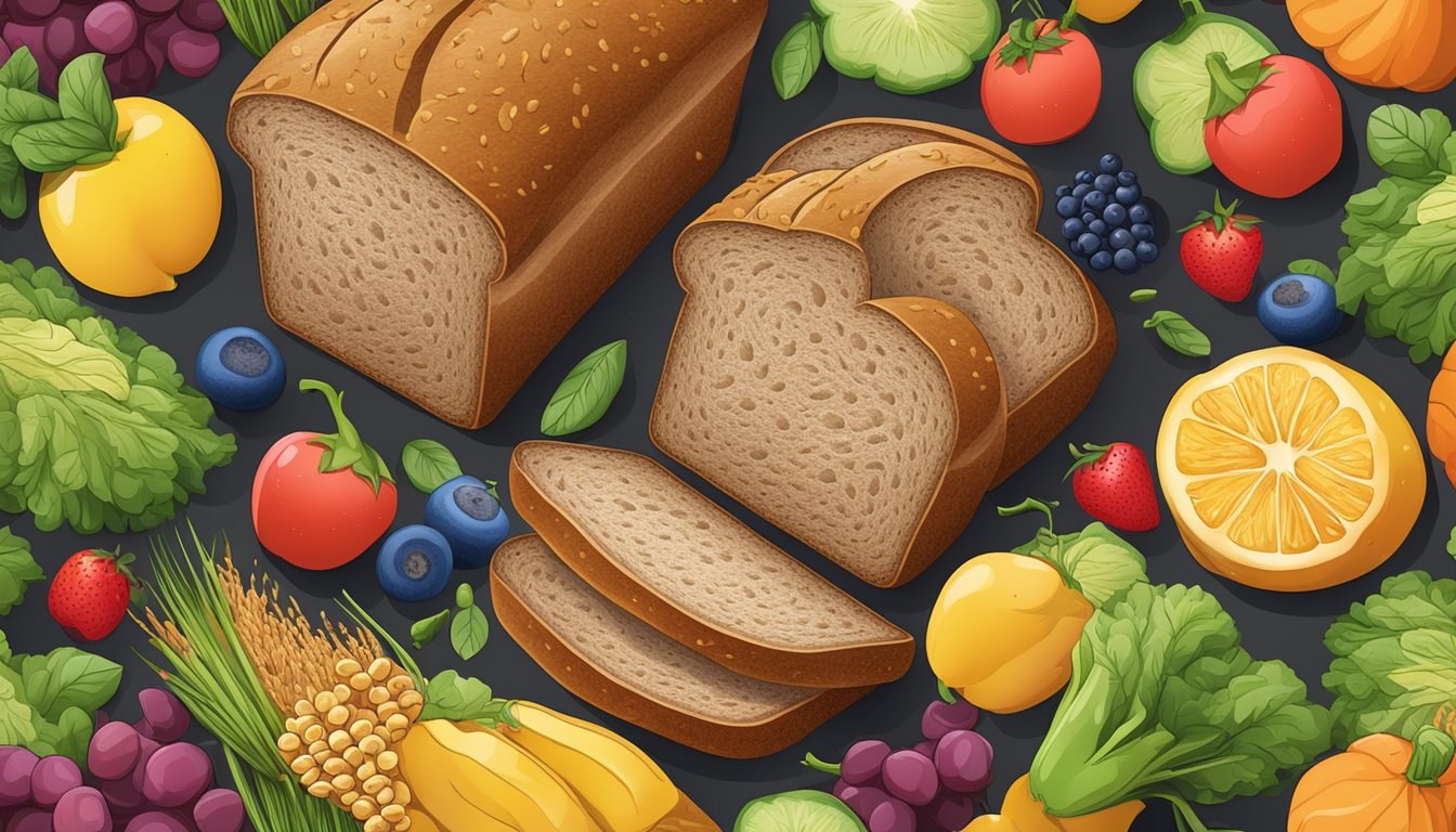 A loaf of sprouted grain bread surrounded by fresh, colorful fruits and vegetables, with a clear contrast between the wholesome ingredients and unhealthy processed foods