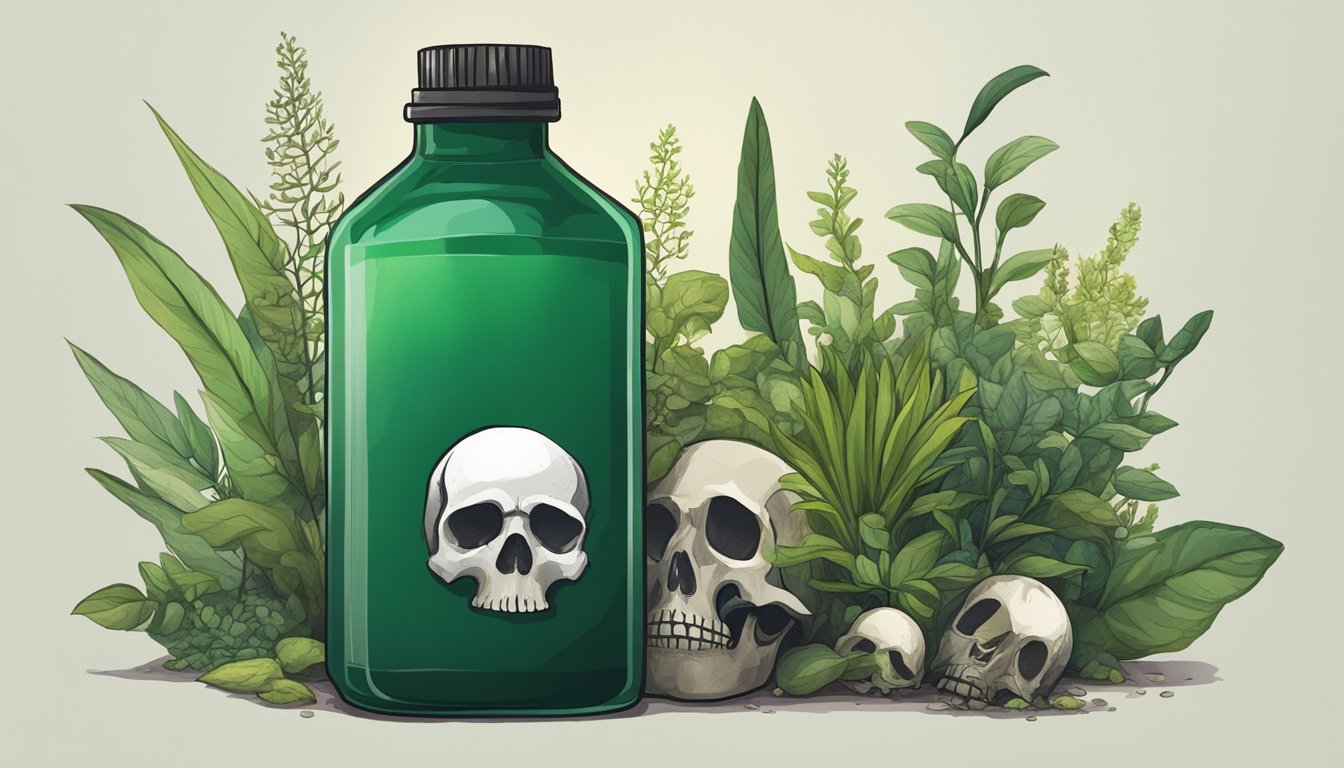 A bottle of spirulina supplements surrounded by wilted and unhealthy-looking plants, with a warning sign and a skull symbol