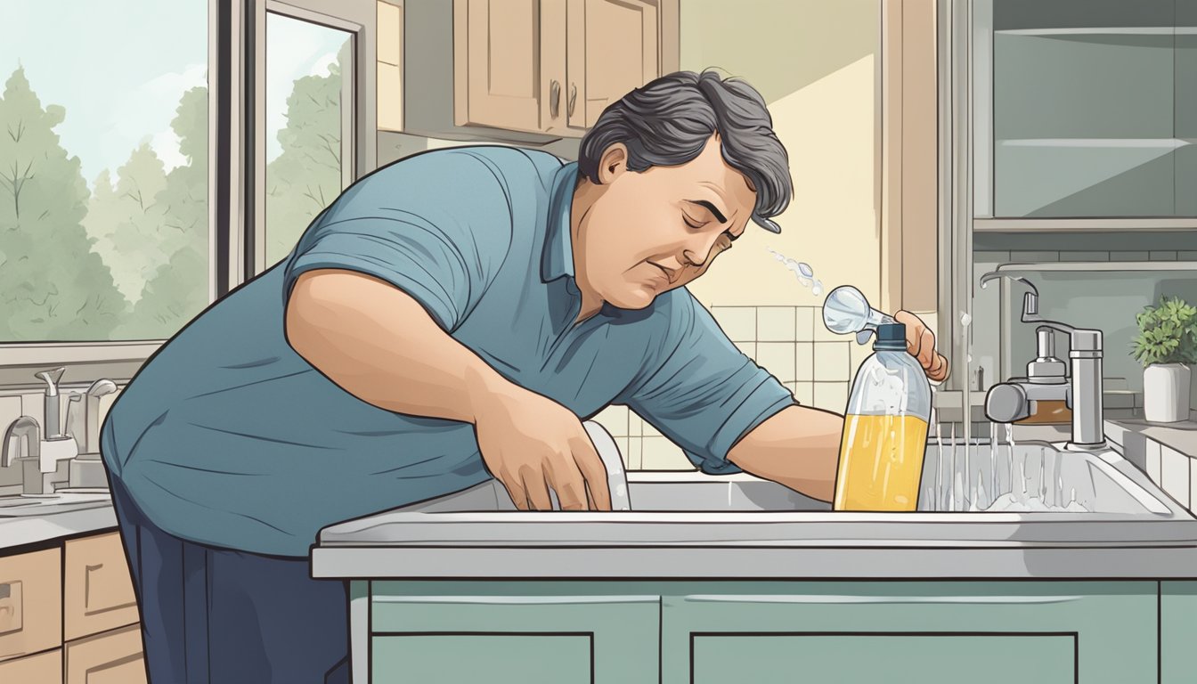 A person pouring out maple water from a bottle into a sink, with a disgusted expression on their face