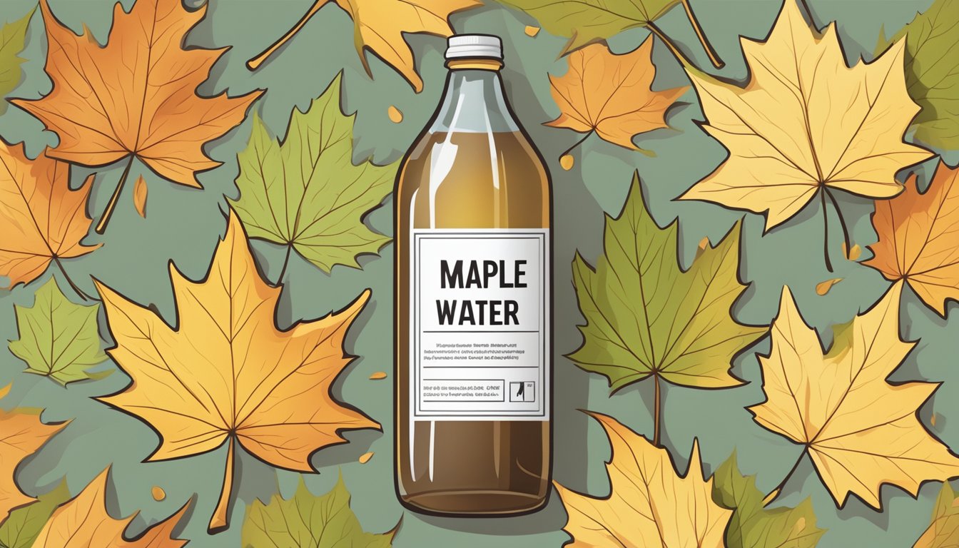 A bottle of maple water surrounded by wilted leaves and a warning label