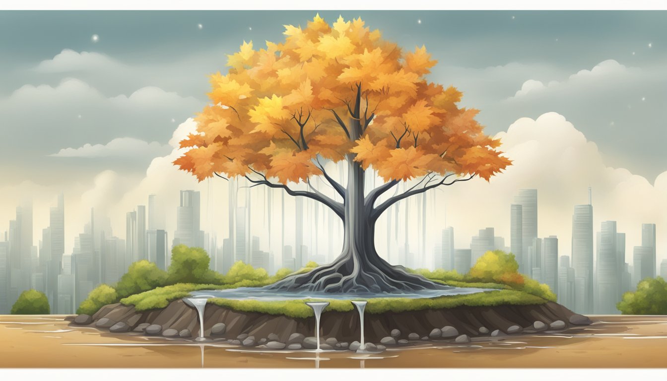 A maple tree with a tap dripping water into a plastic bottle, surrounded by polluted land and smoggy air