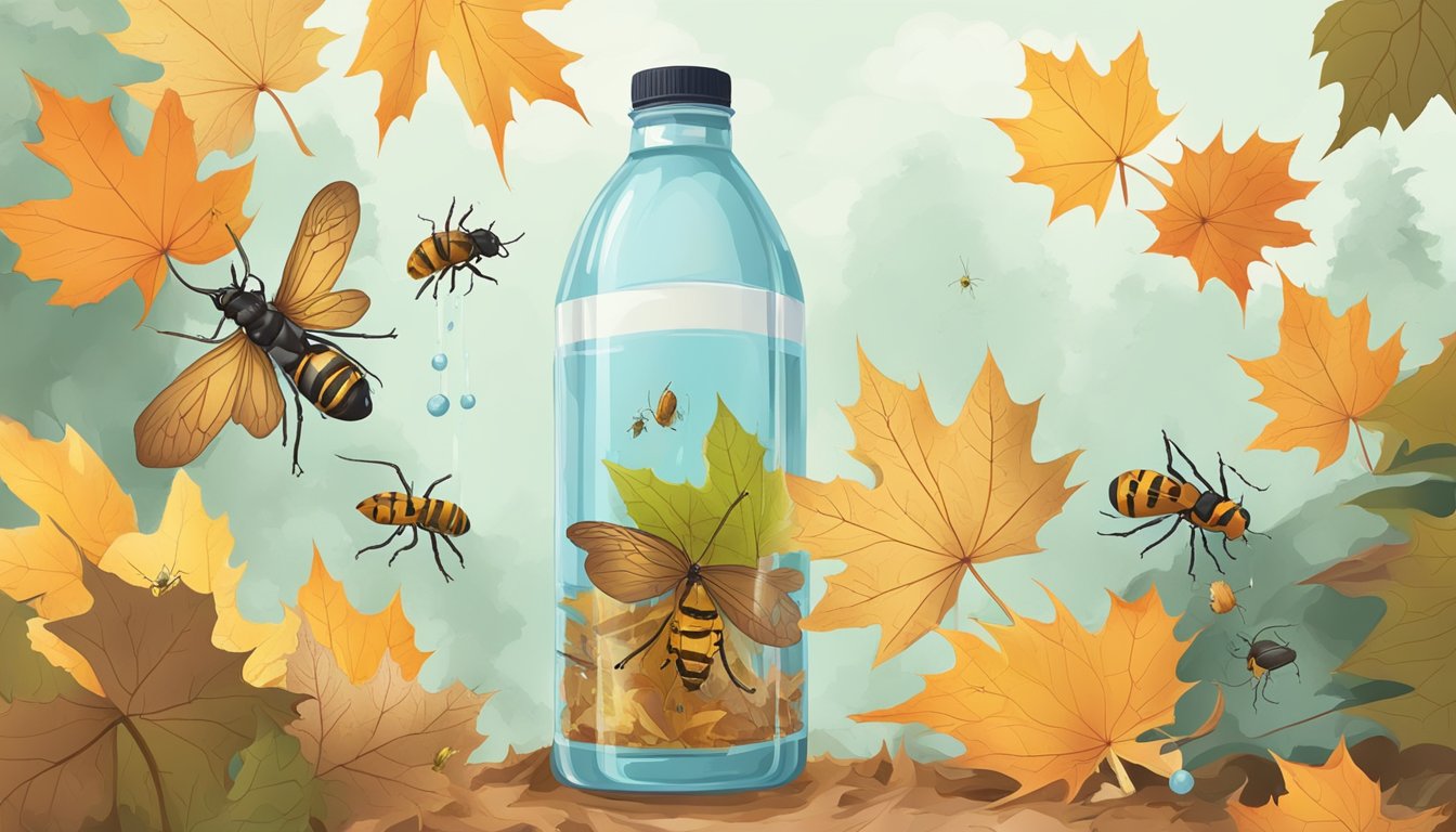 A bottle of maple water surrounded by wilting leaves and insects