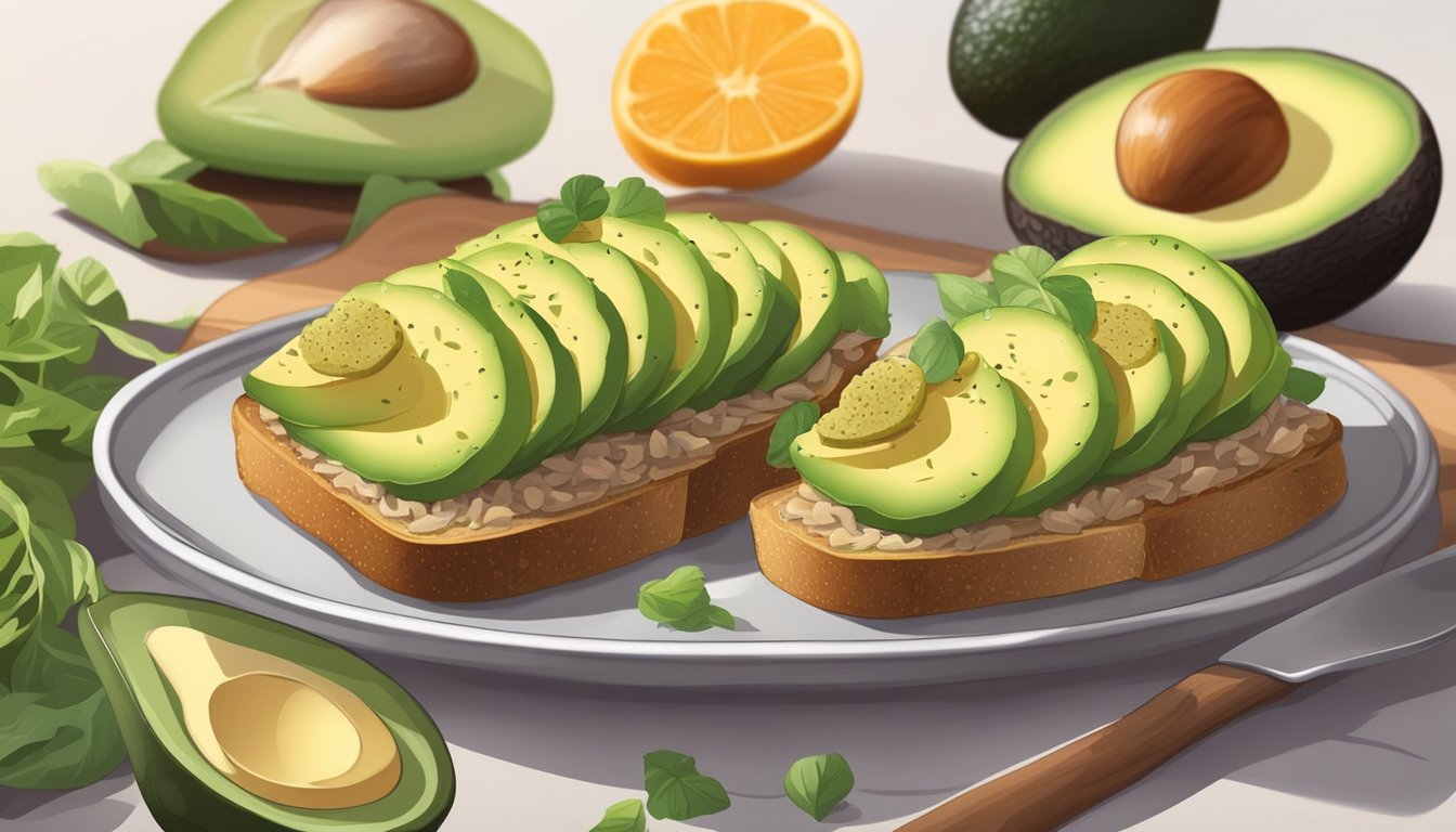 A plate of avocado toast with sliced avocado and whole grain bread, surrounded by various fruits and vegetables