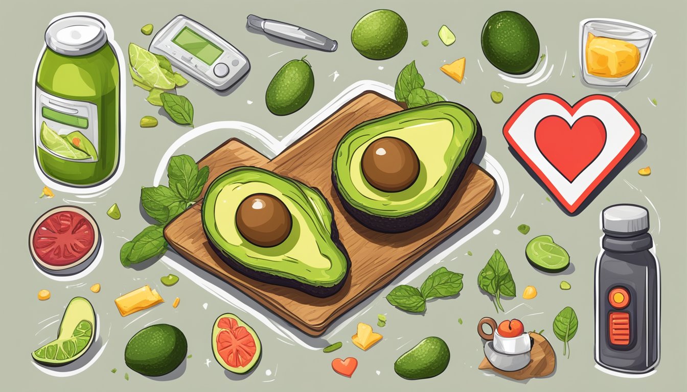 A smashed avocado on toast with a red warning sign and a crossed-out avocado, surrounded by various health-related items like a heart rate monitor and a nutrition label