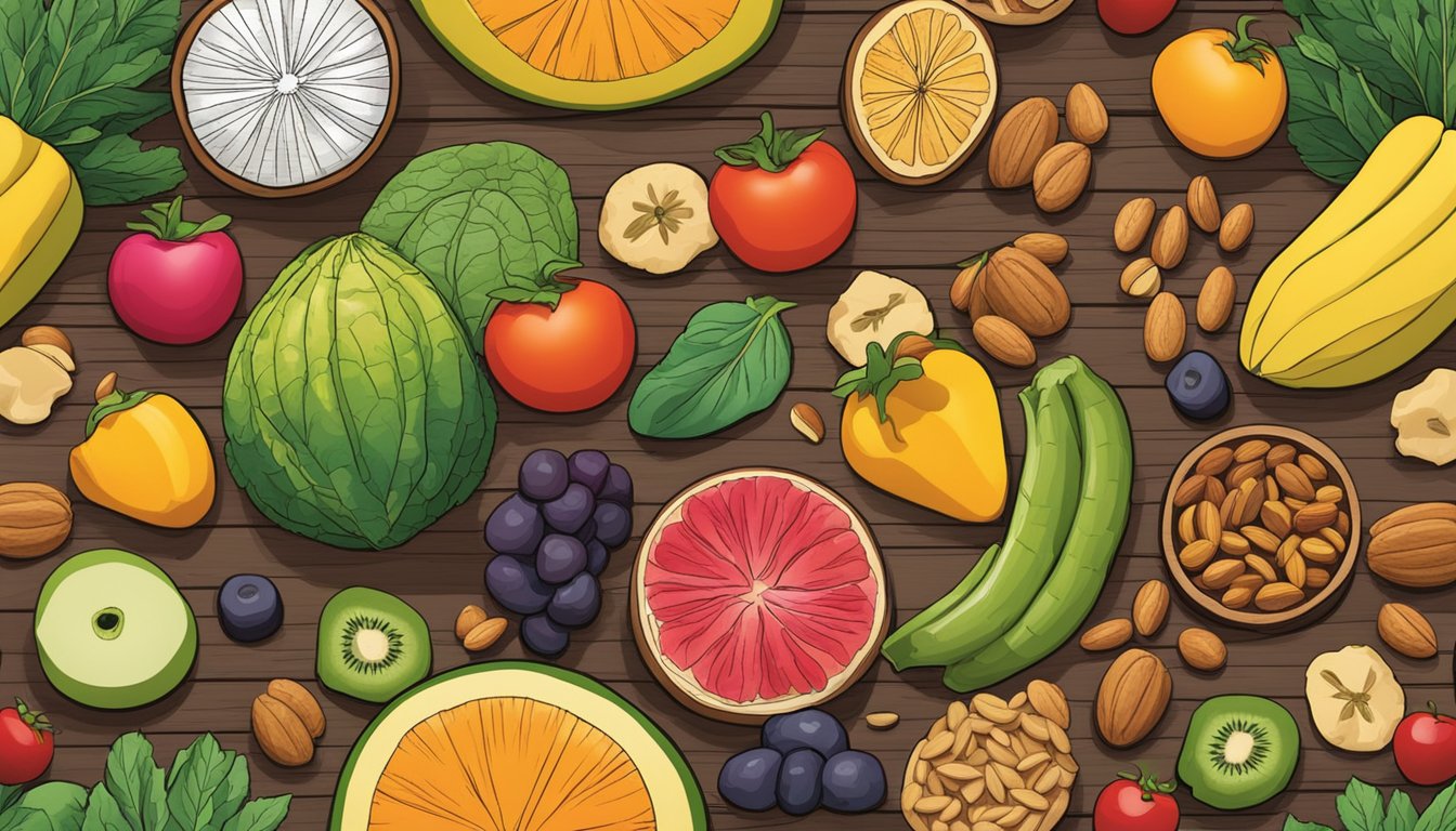 A colorful array of fresh fruits and vegetables arranged on a wooden table with a bowl of nuts and seeds, contrasting with a pile of processed keto snack bars