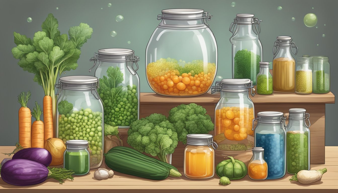 A variety of vegetables and jars filled with brine, bubbles, and a sour aroma, surrounded by scientific equipment and textbooks on fermentation