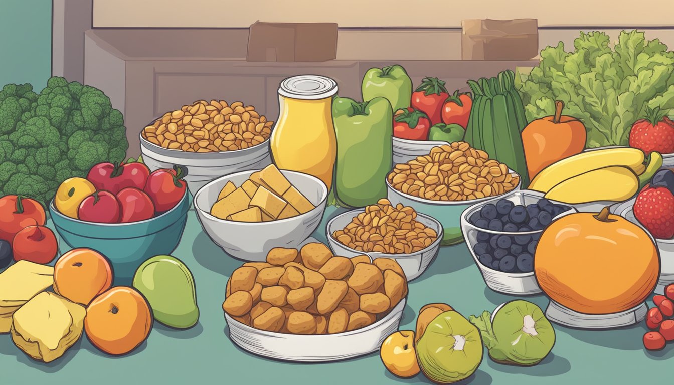 A table filled with processed snack bars next to a pile of fresh fruits and vegetables. A person hesitates between the two options, representing the struggle between unhealthy snacking and nutritious choices