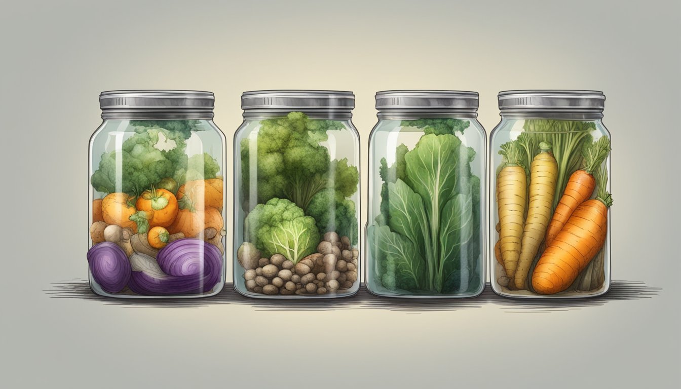 A variety of rotting vegetables in jars, emitting a pungent odor. Mold and bacteria visible on the surface