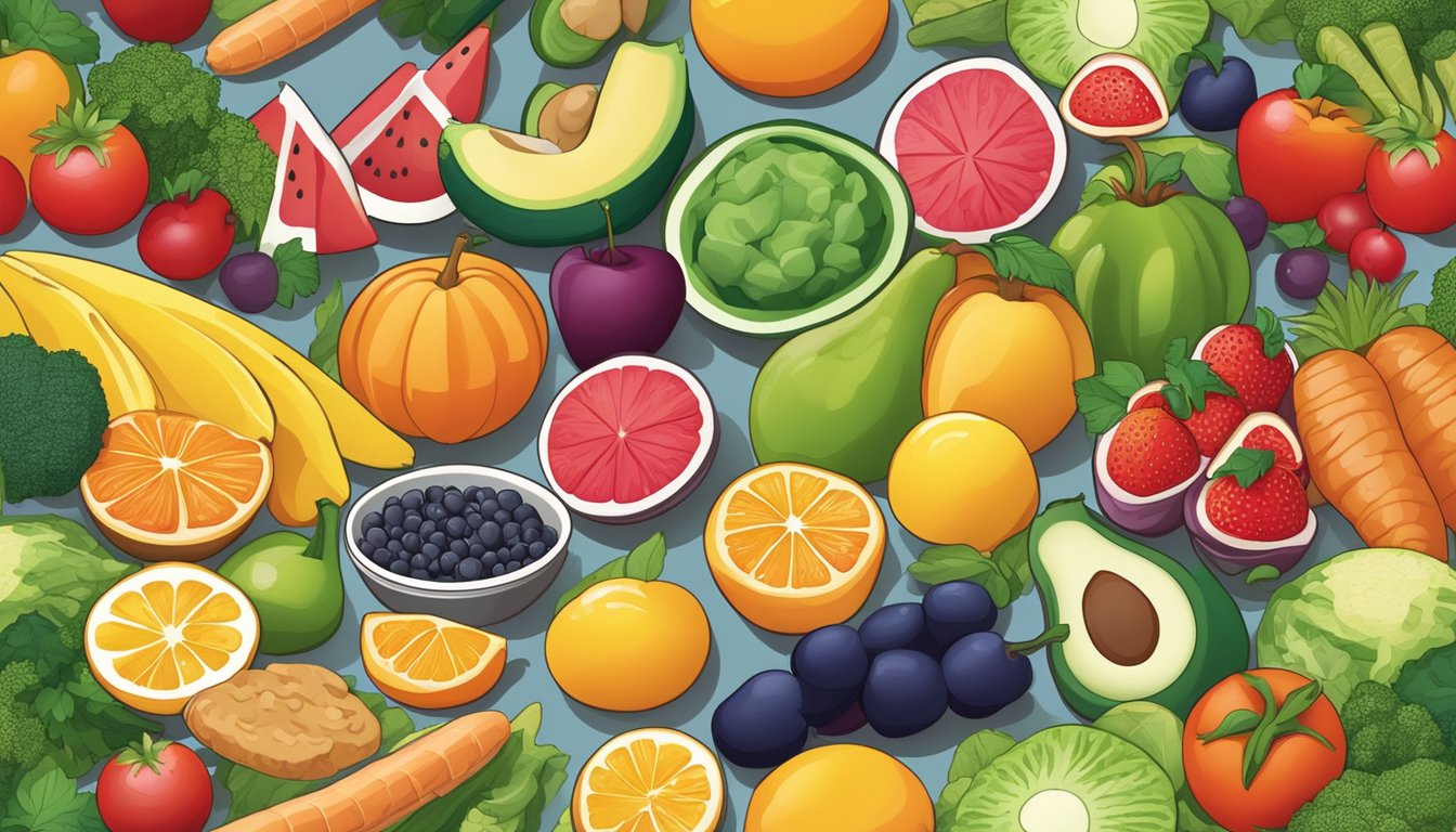 A colorful array of fruits, vegetables, whole grains, and lean proteins arranged on a plate, showcasing a variety of nutritious options for a balanced diet