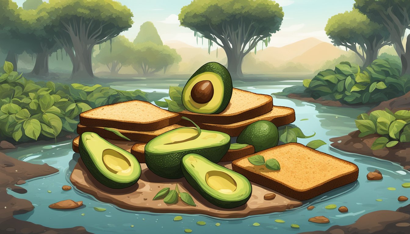 A pile of ripe avocados and toast surrounded by wilting, browned avocado trees and polluted water