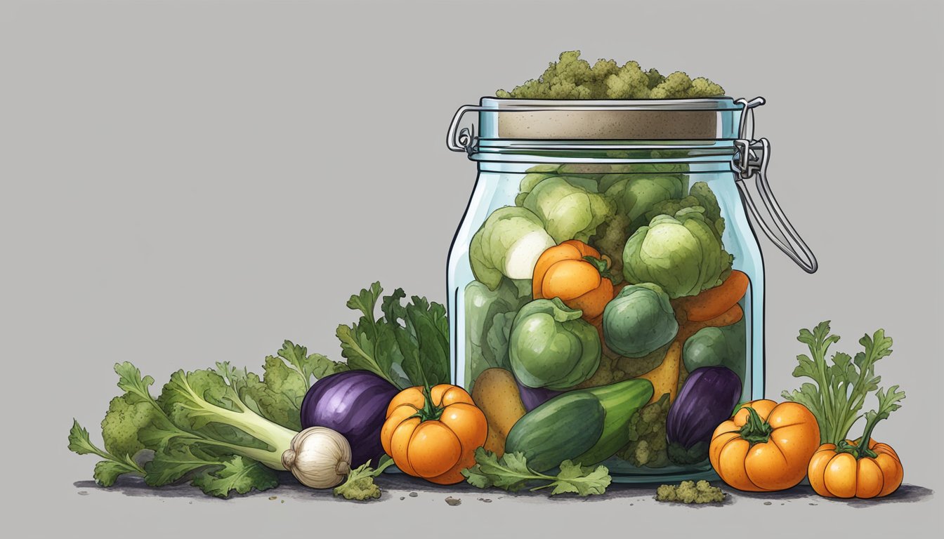 A pile of moldy, rotting vegetables in a jar, emitting a foul odor