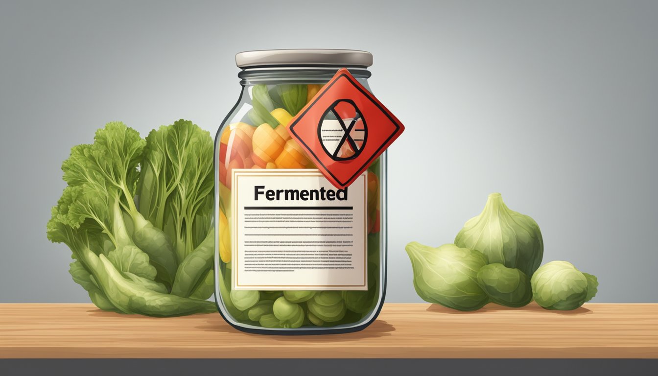 A jar of fermented vegetables with a warning sign and a red X symbol