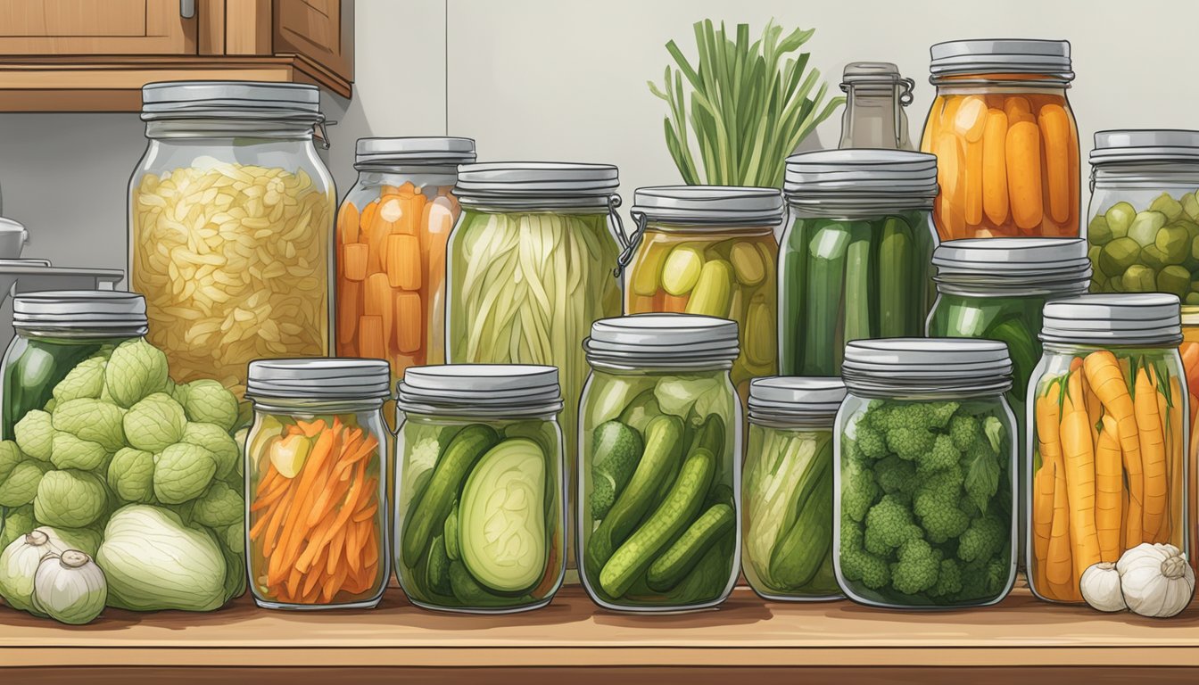 A colorful array of fresh vegetables being transformed into jars of fermenting pickles, sauerkraut, and kimchi on a kitchen countertop