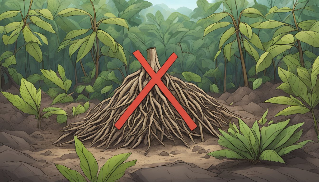 A pile of cassava roots with a red "X" mark across them, surrounded by wilted plants and a warning sign