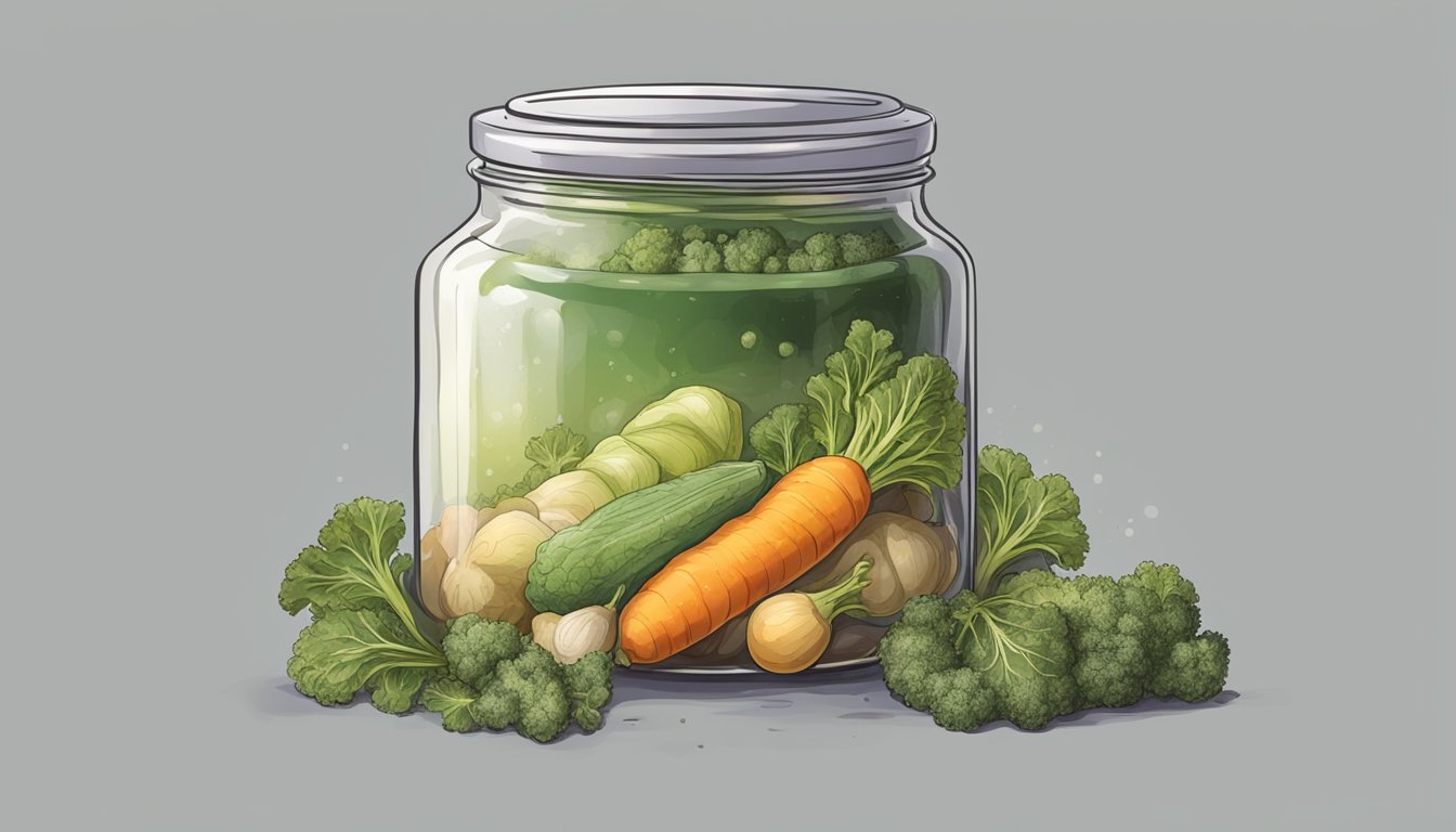 A jar of moldy, discolored vegetables with a foul odor