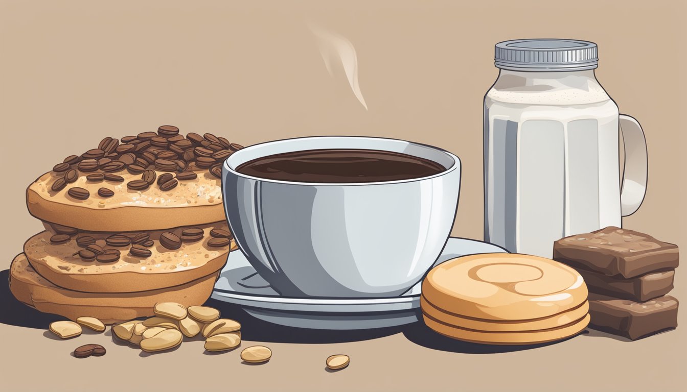 A cup of coffee with protein-infused creamer sits next to a pile of unhealthy food items, highlighting the negative effects of the product