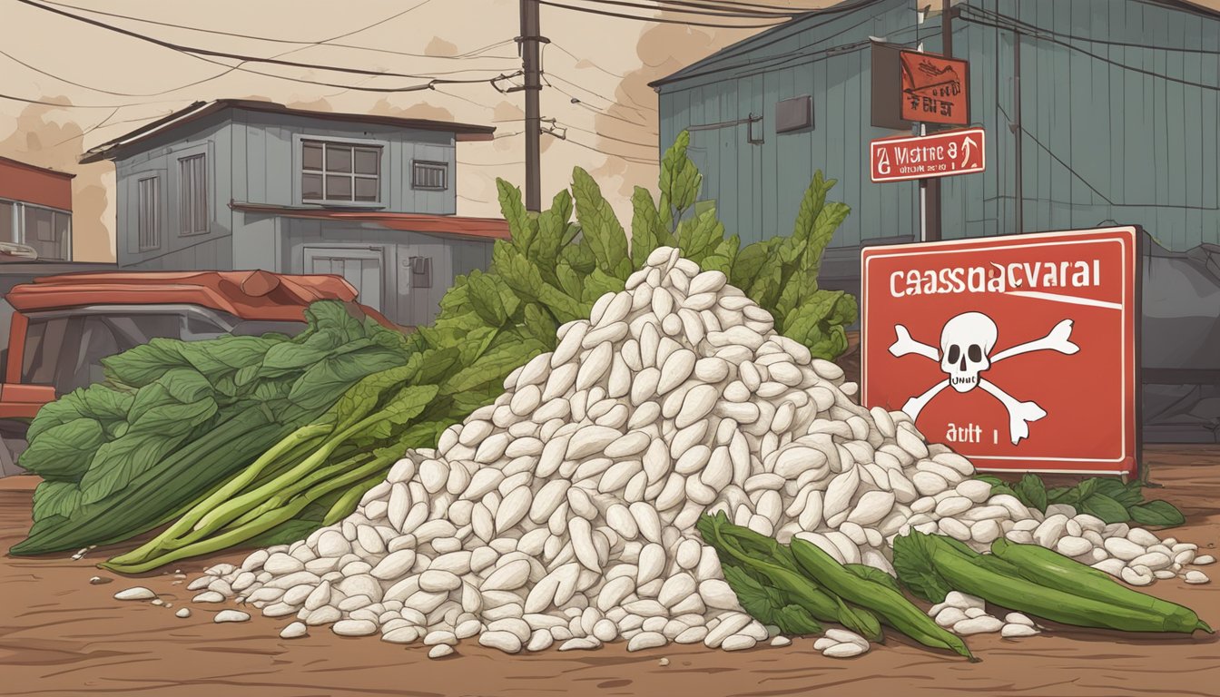 A pile of cassava roots and flour surrounded by wilted vegetables and a red warning sign