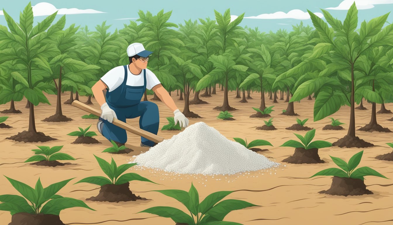 A field of cassava plants being harvested and processed into flour, with warning signs symbolizing the unhealthy nature of the products