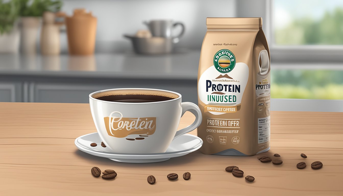 A steaming cup of coffee sits on a table, with a bottle of protein-infused coffee creamer next to it. The creamer label prominently displays the words "protein-infused" while the coffee appears unappetizing