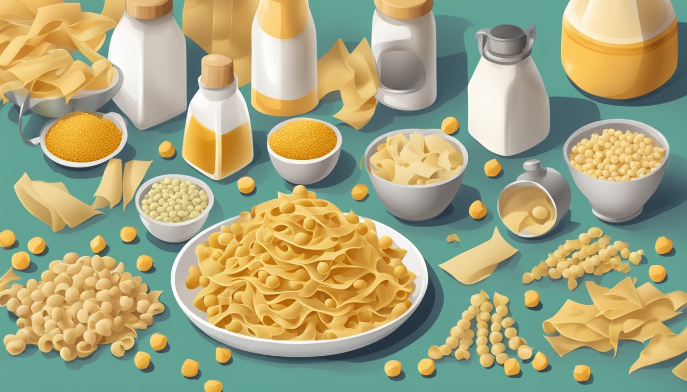 A pile of chickpea pasta surrounded by unhealthy processed ingredients and a warning sign