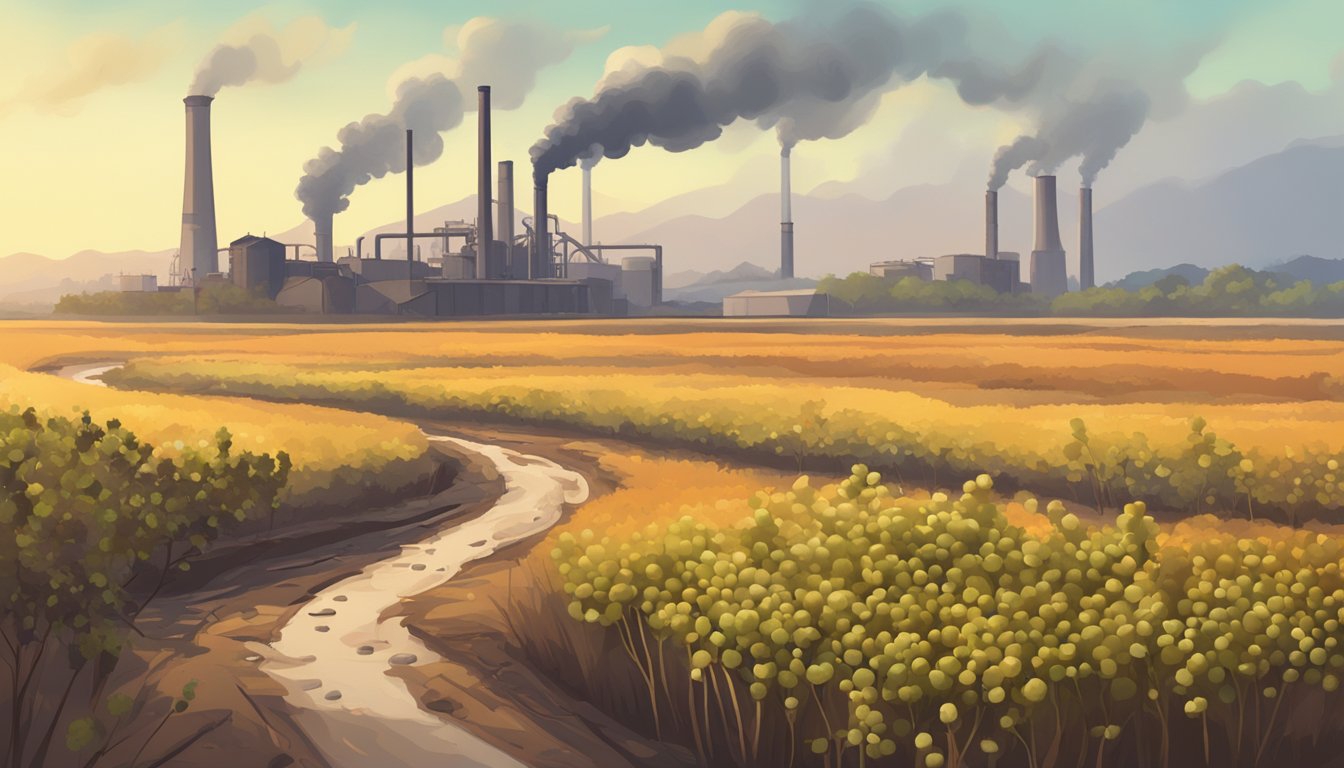 A polluted landscape with industrial smokestacks looming over a field of withered chickpea plants