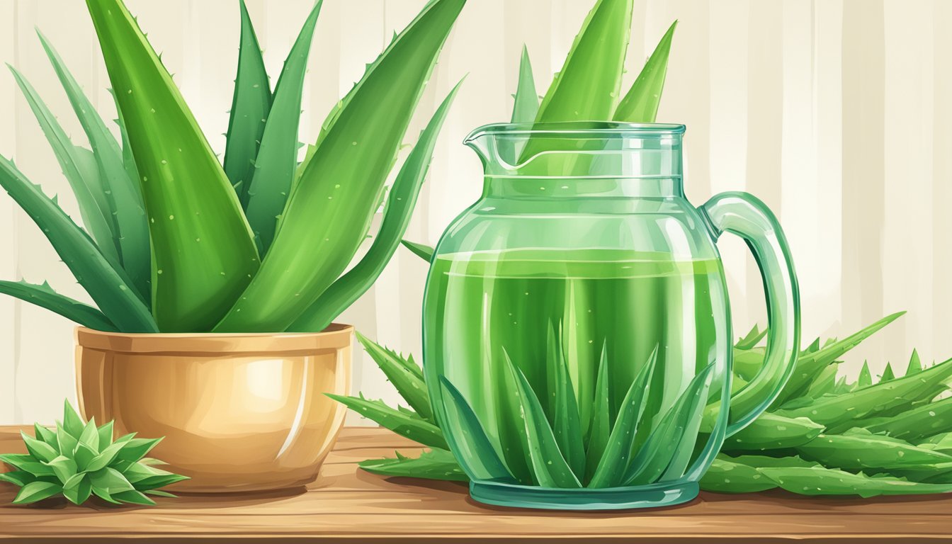 Aloe vera plant surrounded by vibrant green leaves, with a clear jug of aloe vera juice placed next to it on a wooden table