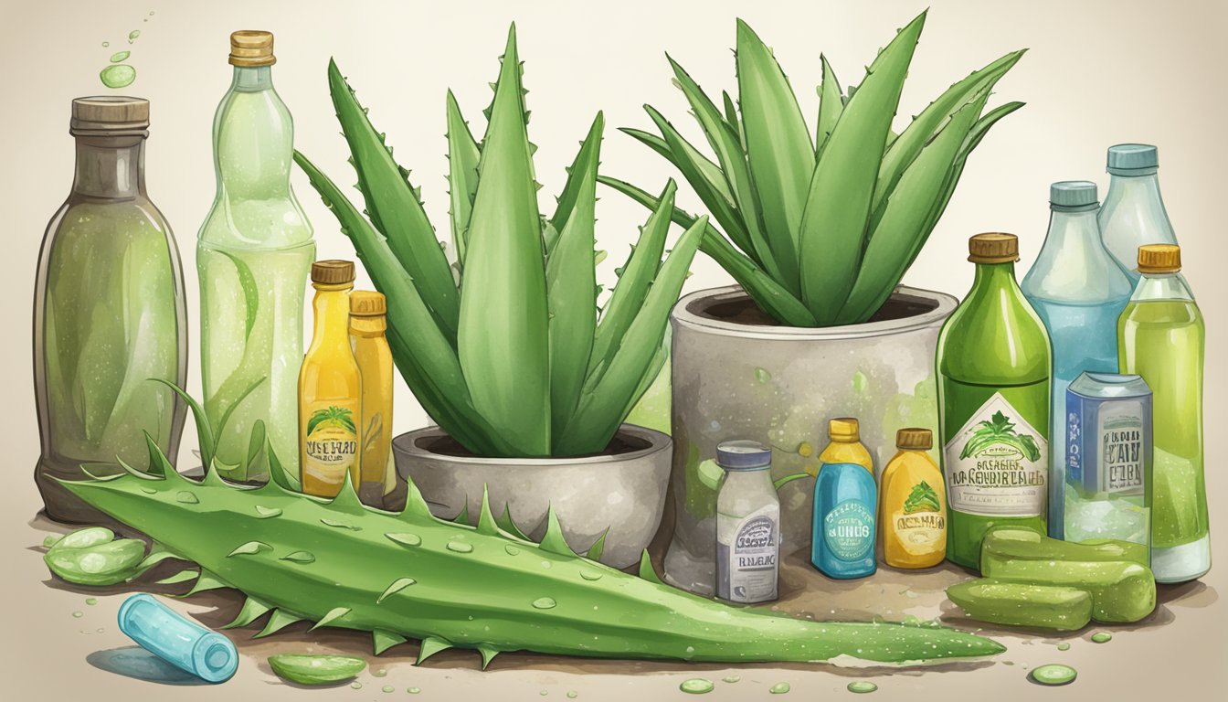 Aloe vera plant surrounded by excessive juice bottles, warning signs, and a distressed pet drinking from a spilled bottle