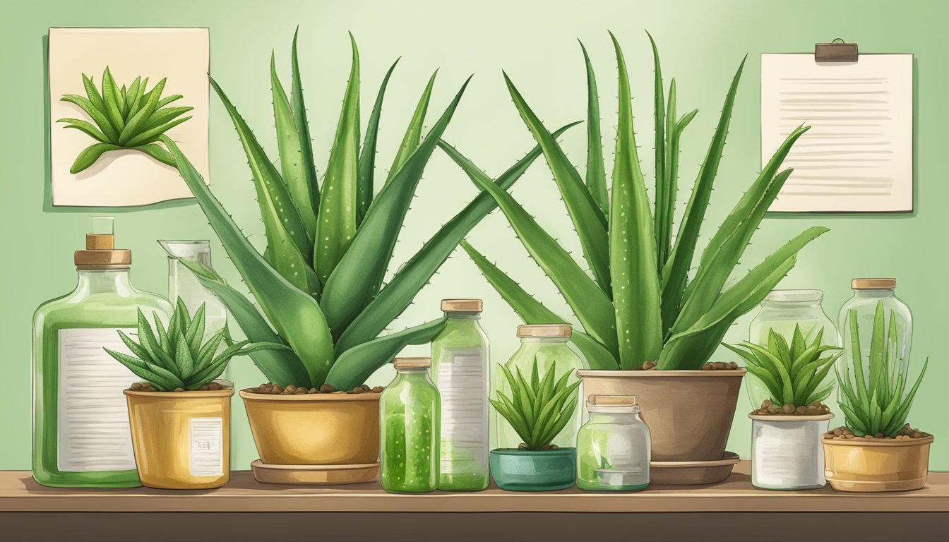 Aloe vera plants with warning signs, surrounded by scientific studies and healthy alternatives