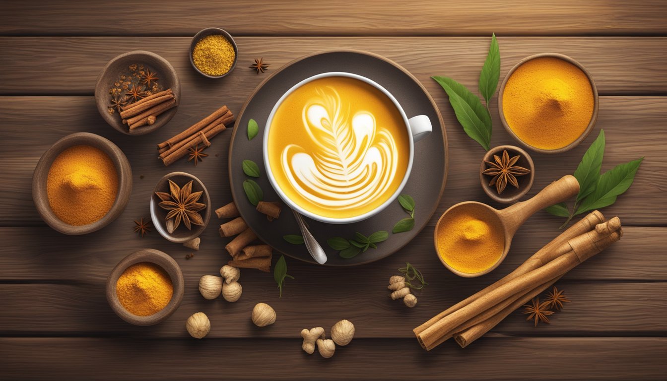 A steaming turmeric latte sits on a rustic wooden table, surrounded by vibrant whole turmeric roots and fragrant spices