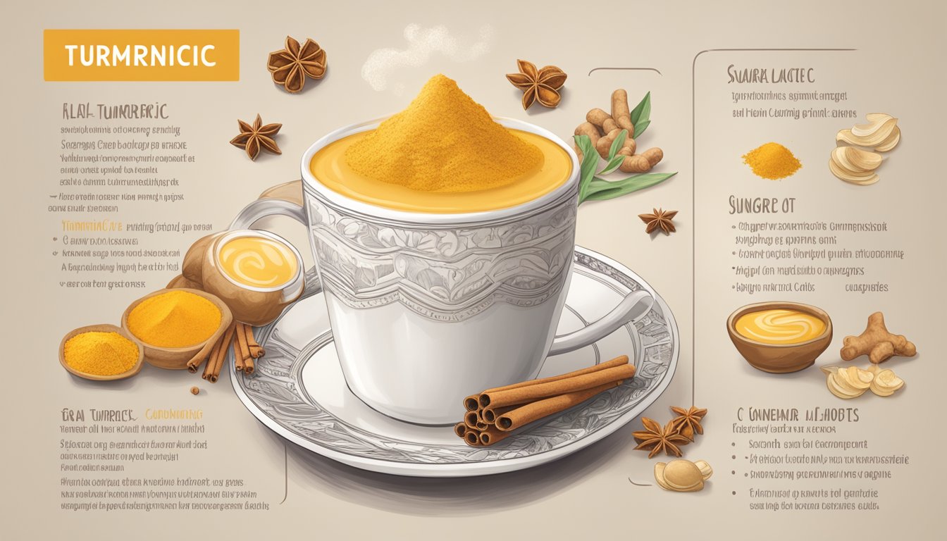 A steaming turmeric latte surrounded by ingredients like turmeric, ginger, and cinnamon, with a nutrition label showing high sugar and calorie content