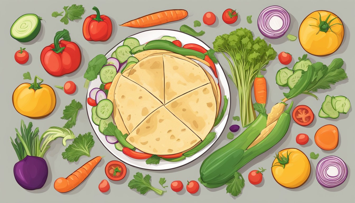 A colorful array of fresh vegetables and lean protein fill a low-carb tortilla, while a red "X" marks out the unhealthy aspects of the tortilla