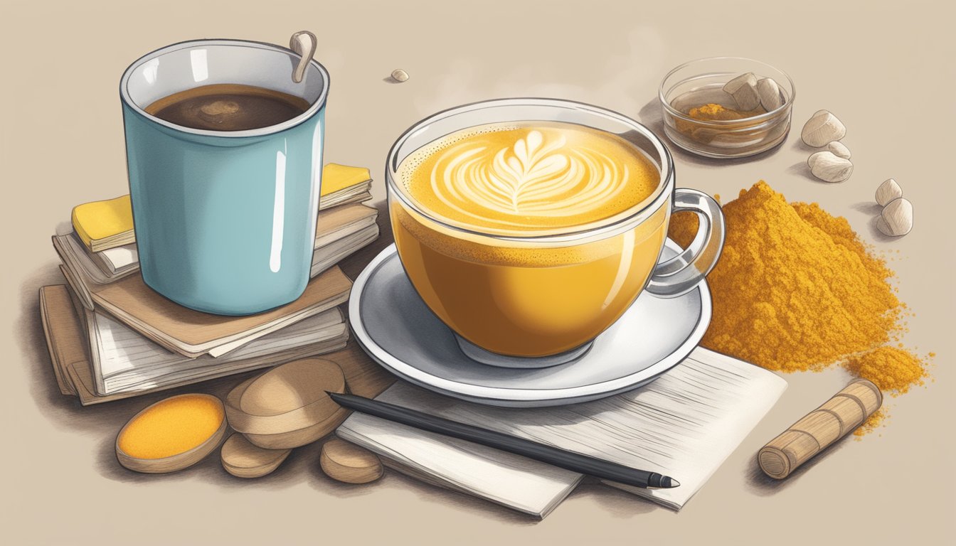 A steaming turmeric latte sits next to a pile of research studies, debunking health claims