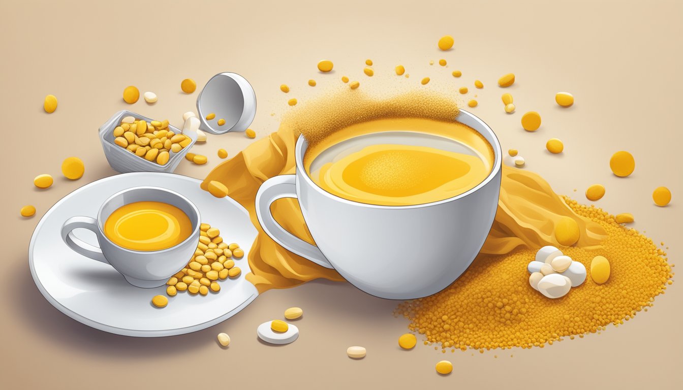 A vibrant turmeric latte surrounded by scattered pills and a warning sign