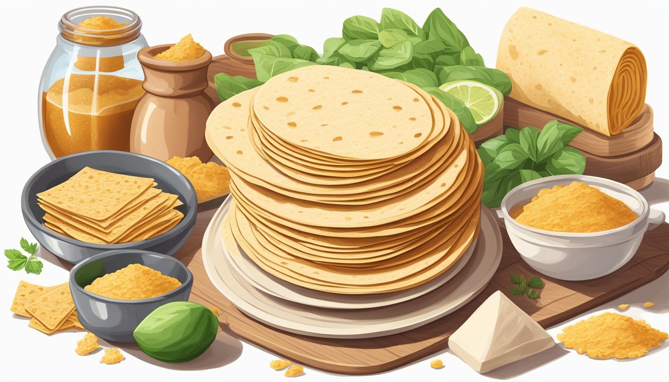 A pile of low-carb tortillas surrounded by unhealthy processed ingredients like artificial sweeteners and preservatives