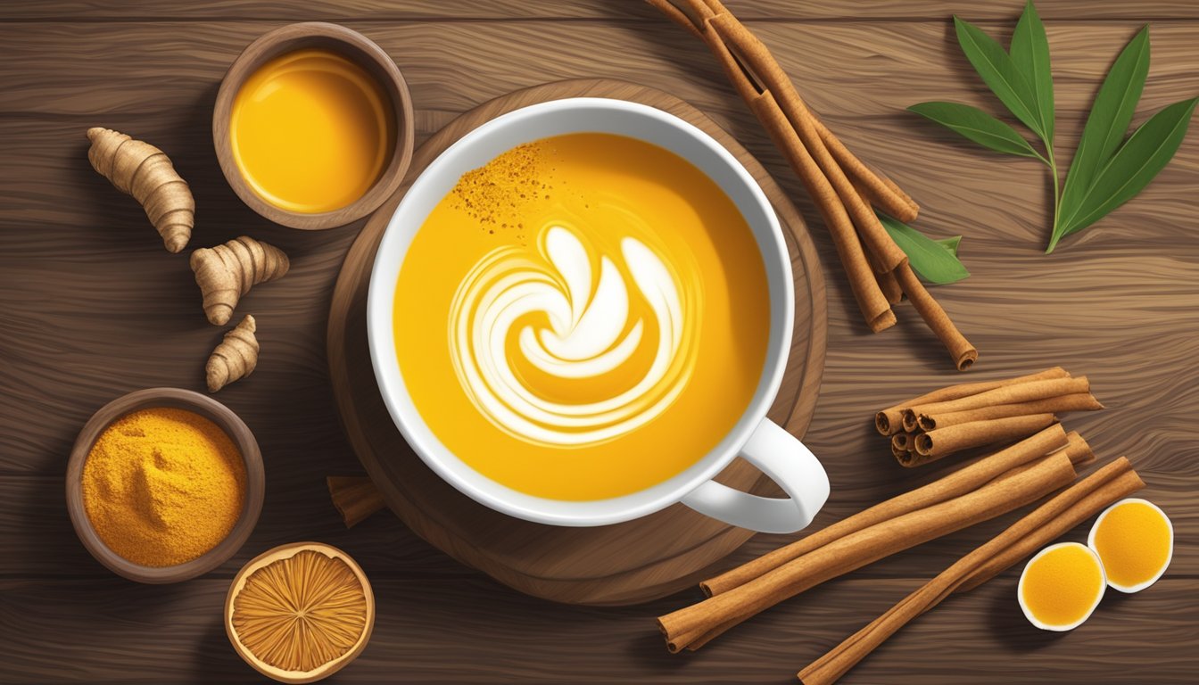 A vibrant turmeric latte being poured into a mug, surrounded by fresh turmeric root, ginger, and cinnamon sticks on a rustic wooden table