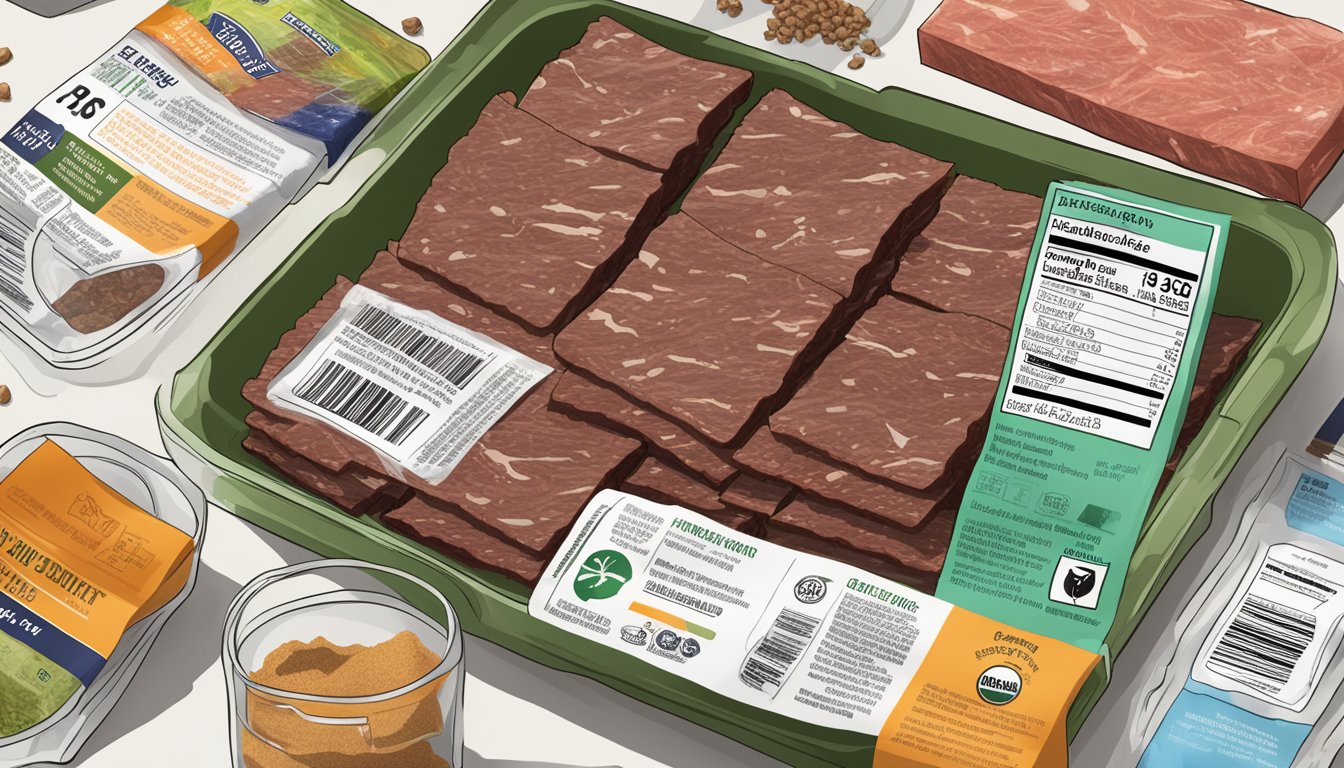 A package of grass-fed beef jerky surrounded by various preservatives and additives, with a label indicating its lack of health benefits