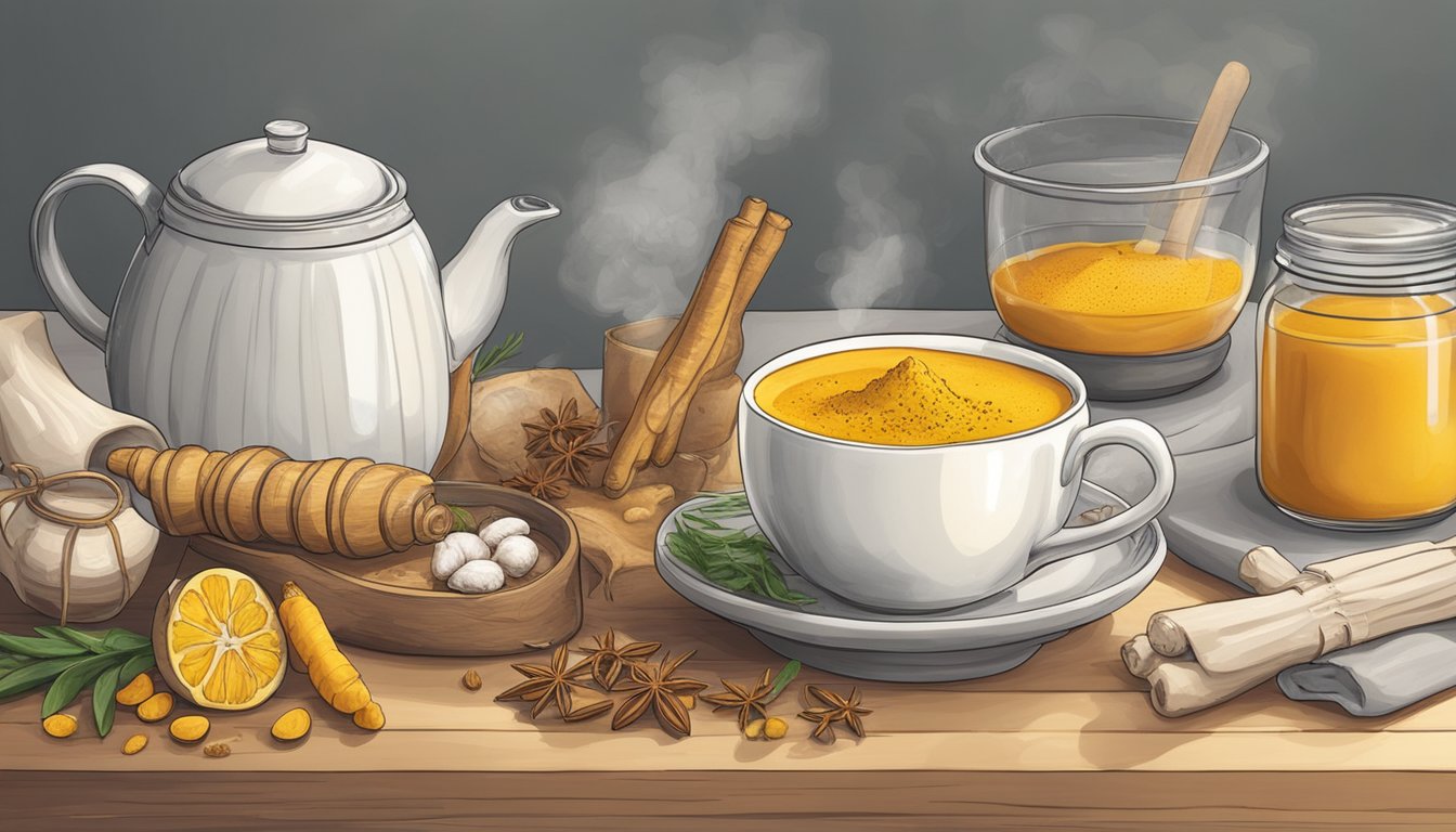 A cozy kitchen with a steaming mug of turmeric latte surrounded by fresh turmeric, ginger, and other spices on the counter