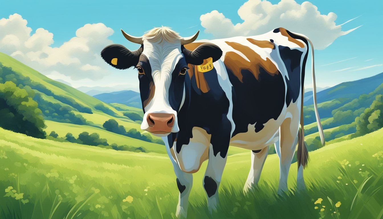 A cow grazing in a lush, green pasture, surrounded by rolling hills and clear blue skies