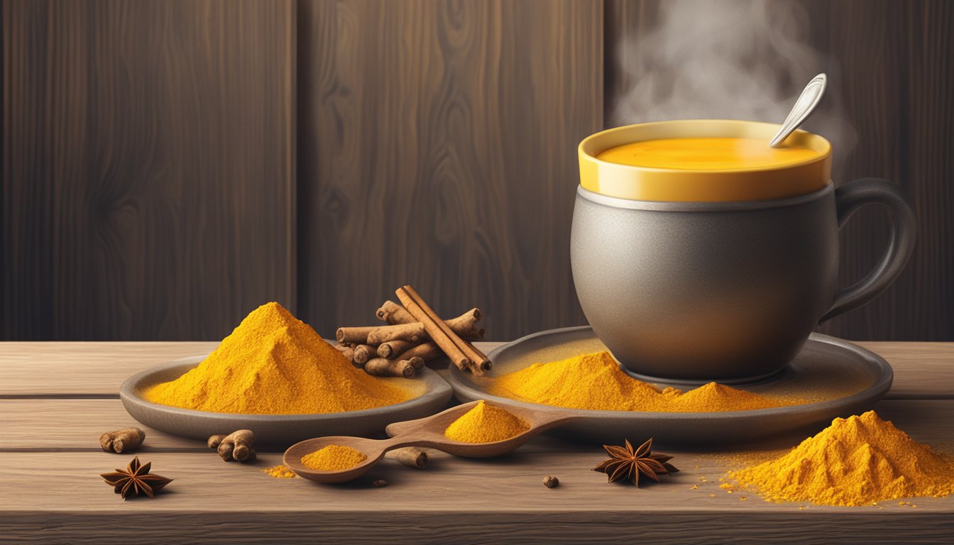 A steaming turmeric latte sits on a rustic wooden table, surrounded by scattered turmeric roots and freshly ground spices