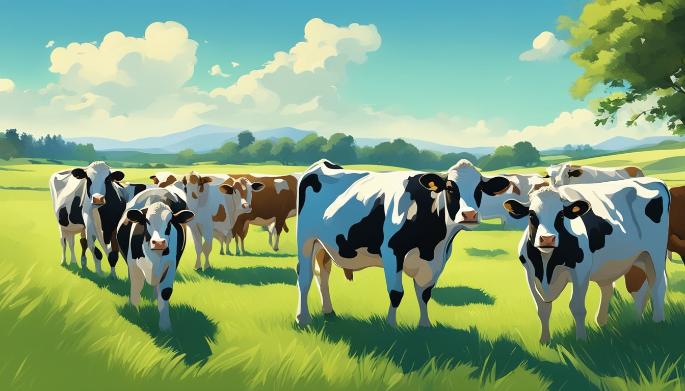 A herd of cows grazing on a lush green pasture, with a clear blue sky in the background