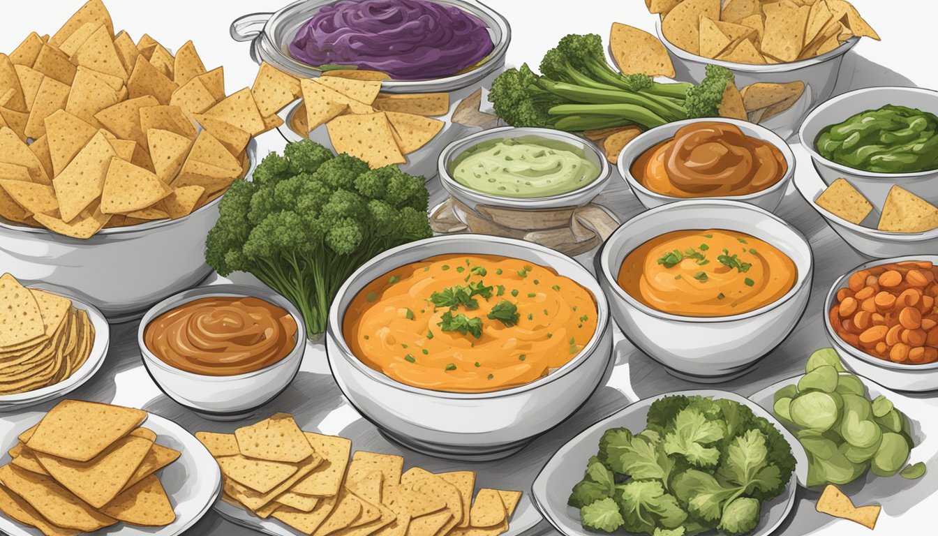 A table covered in various vegetable-based dips, surrounded by chips and crackers. A large sign reads "Healthy" while a smaller sign reads "Not So Much."