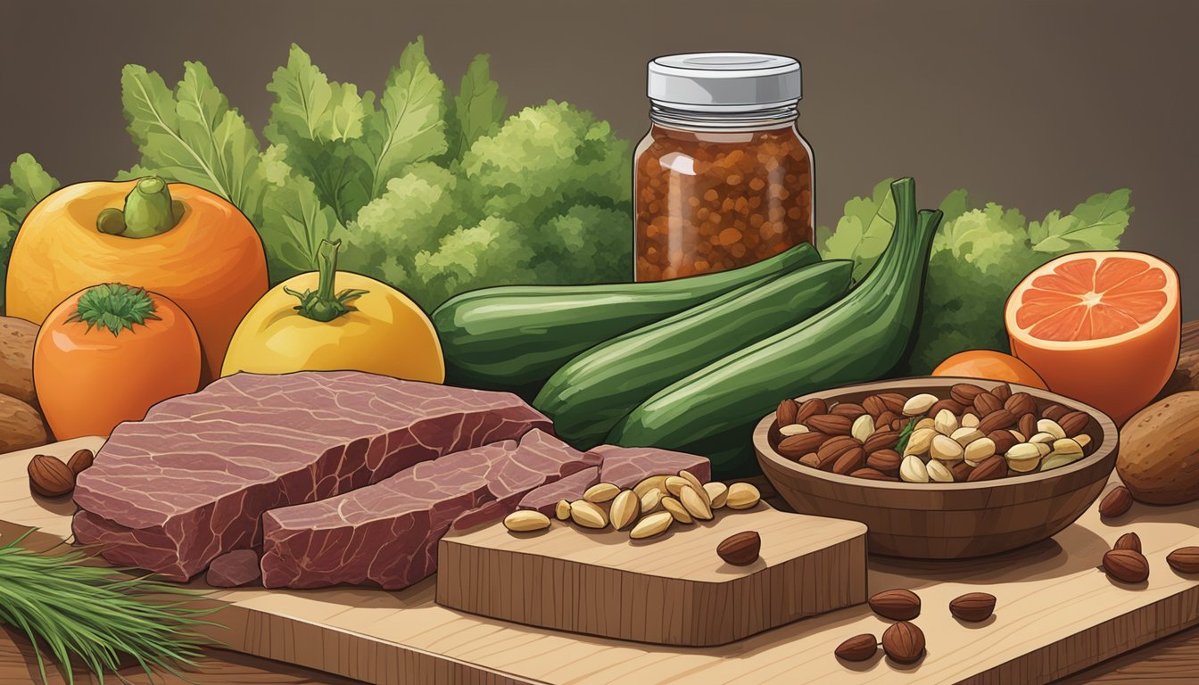 A variety of fresh fruits, vegetables, nuts, and seeds arranged on a wooden cutting board, with a package of grass-fed beef jerky placed off to the side