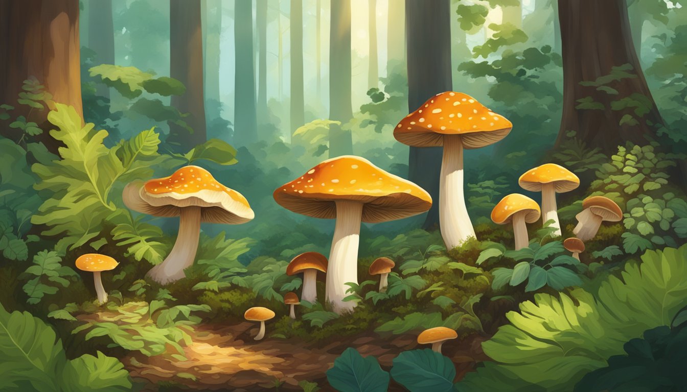 A variety of mushrooms, including reishi and chaga, grow in a lush forest setting, surrounded by vibrant greenery and dappled sunlight