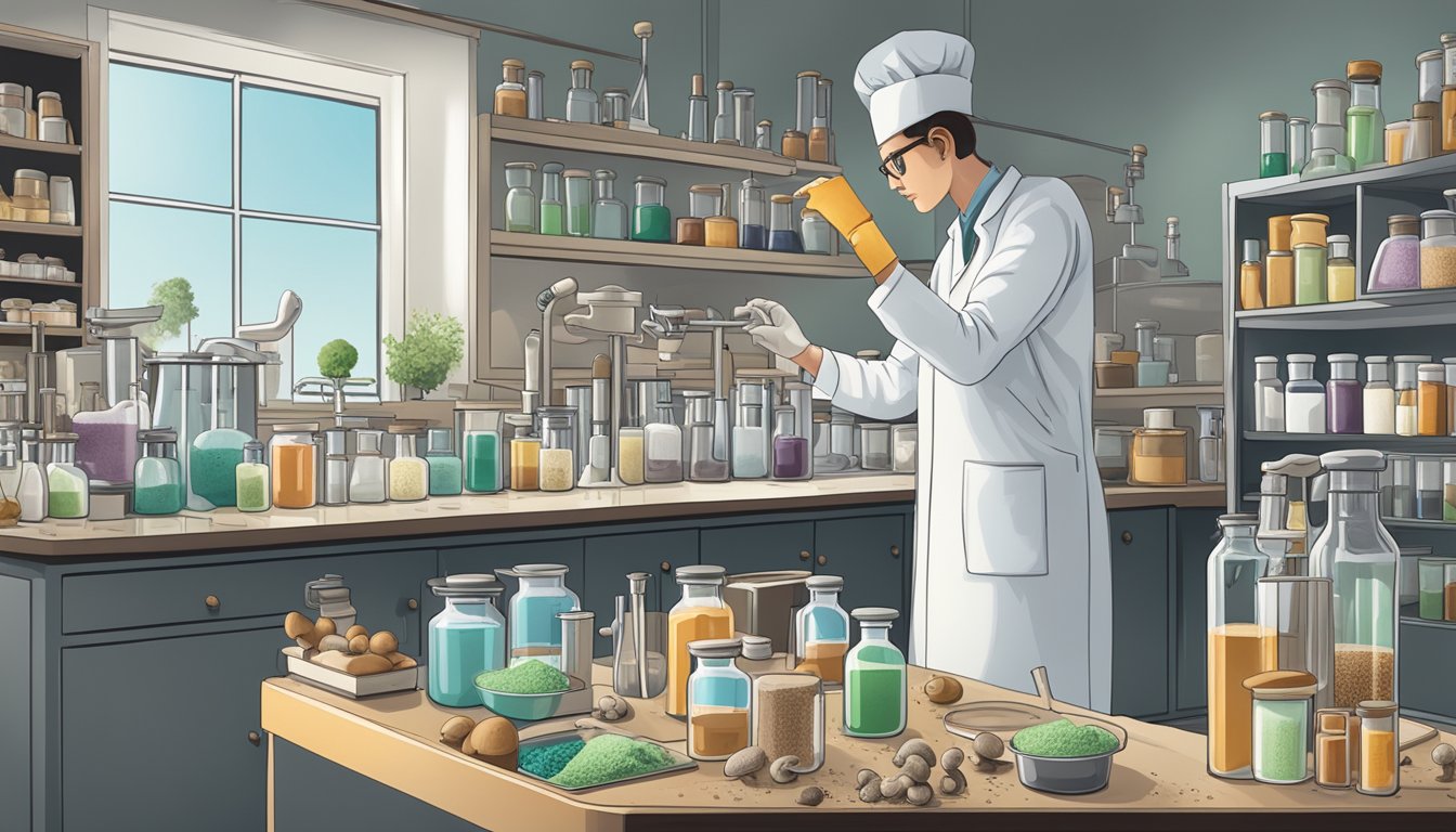 A laboratory setting with various mushroom powders and scientific equipment, juxtaposed with health claims and misleading marketing materials