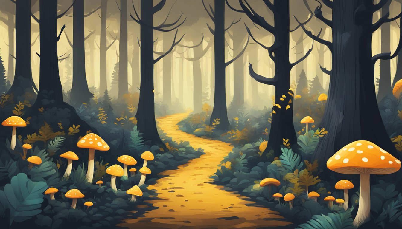 A dark and ominous forest filled with twisted, glowing mushrooms, surrounded by warning signs and caution tape