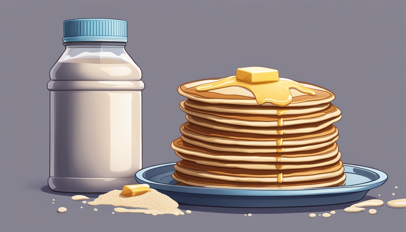 A stack of pancakes with a large protein powder container looming ominously in the background