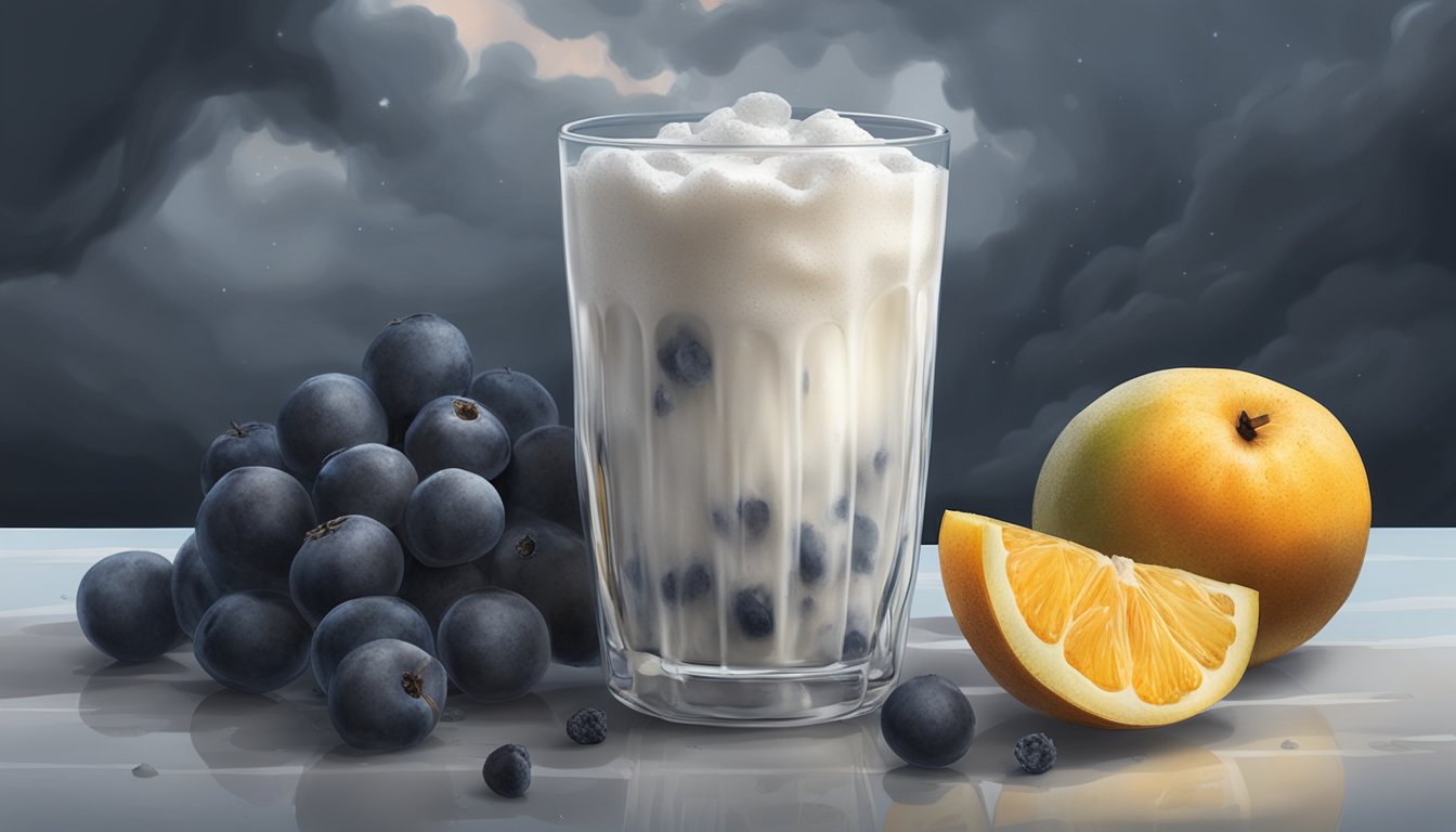 A glass of kefir surrounded by wilted and moldy fruits, with a dark and ominous cloud looming over it